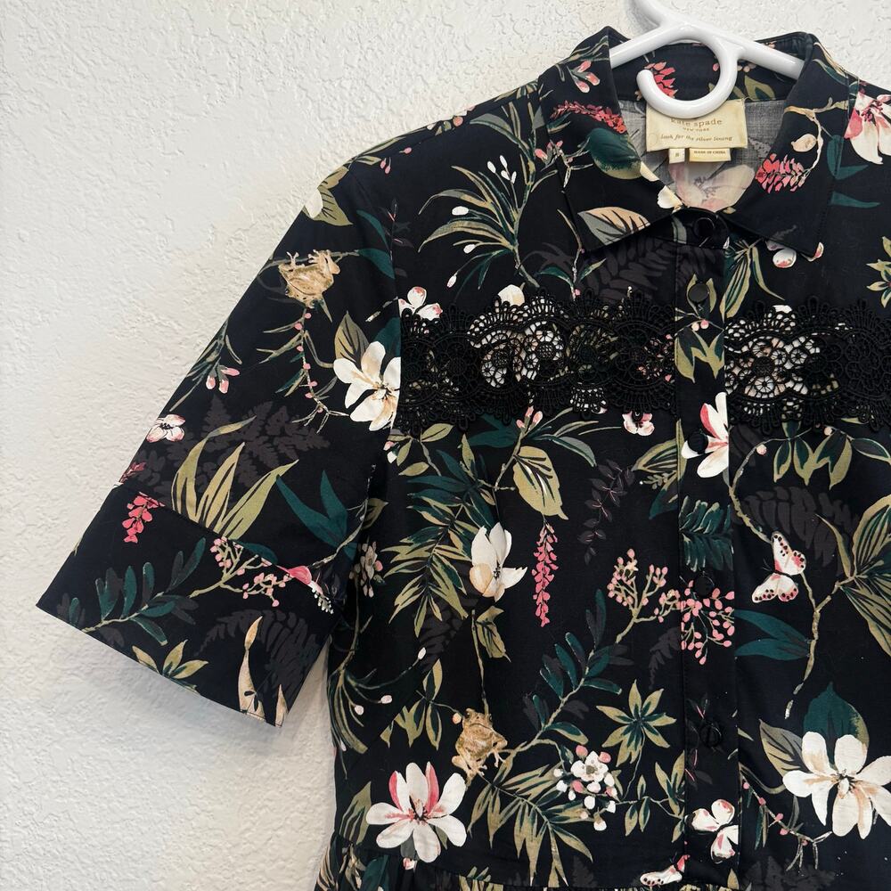 kate spade new york Short Sleeve Black Botanical Mini Dress Lace Trim Size 8 - Picture 11 of 12